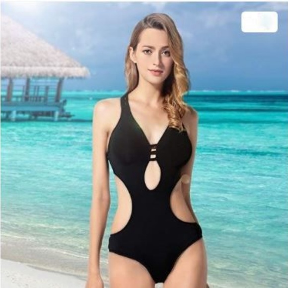 Sexy One Piece Strappy Swimsuit Sz 10 12 Black - Picture 2 of 5